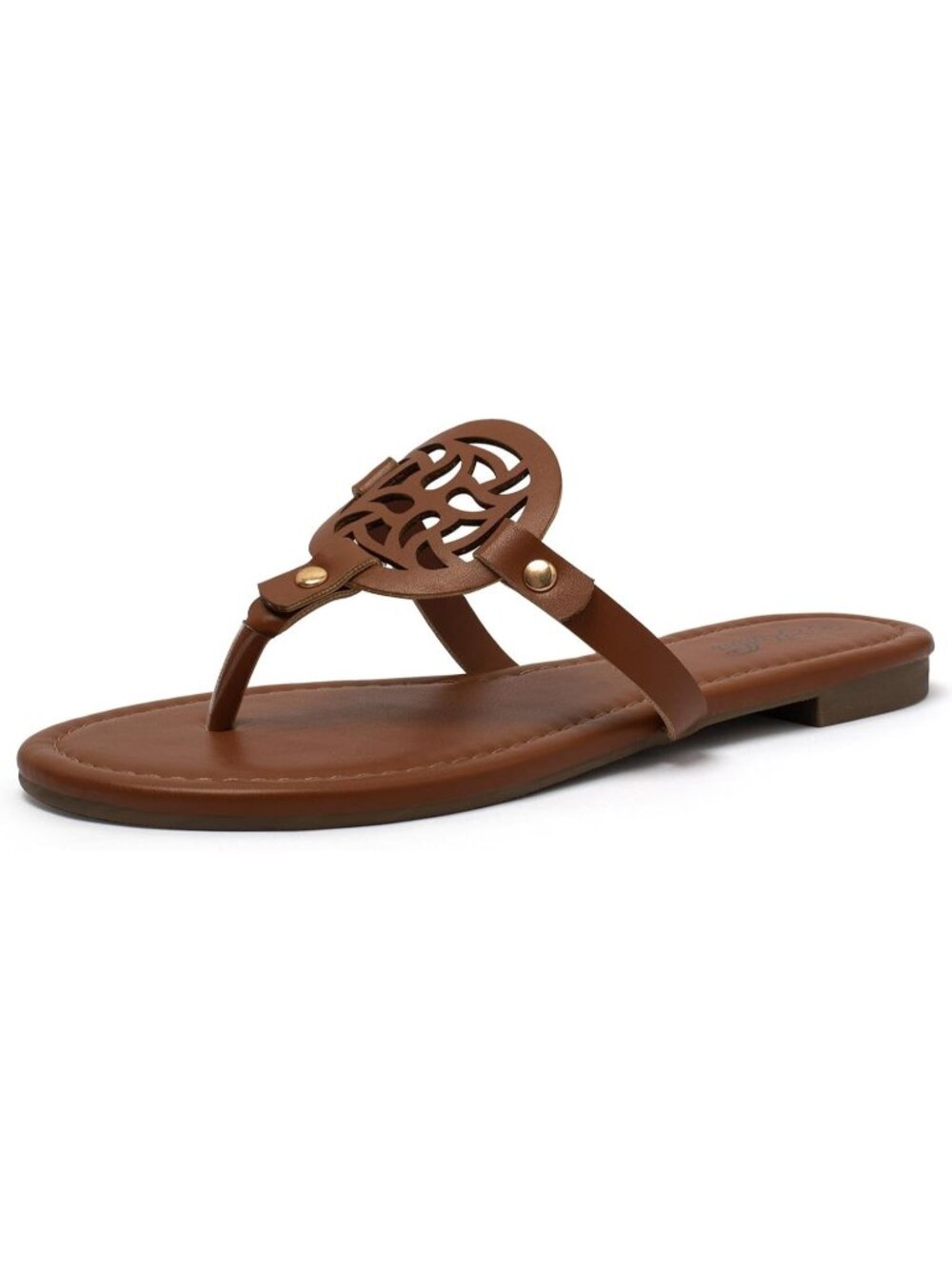 🆕Women's Brown Flat Sandals Dressy Flip Flops Hollow Cutout Medallion Thong